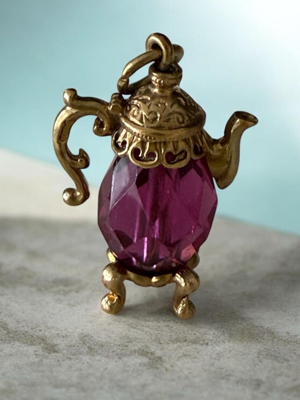 Vintage 9k Gold Teapot Charm with Faceted Fuchsia  Synthetic Stone.